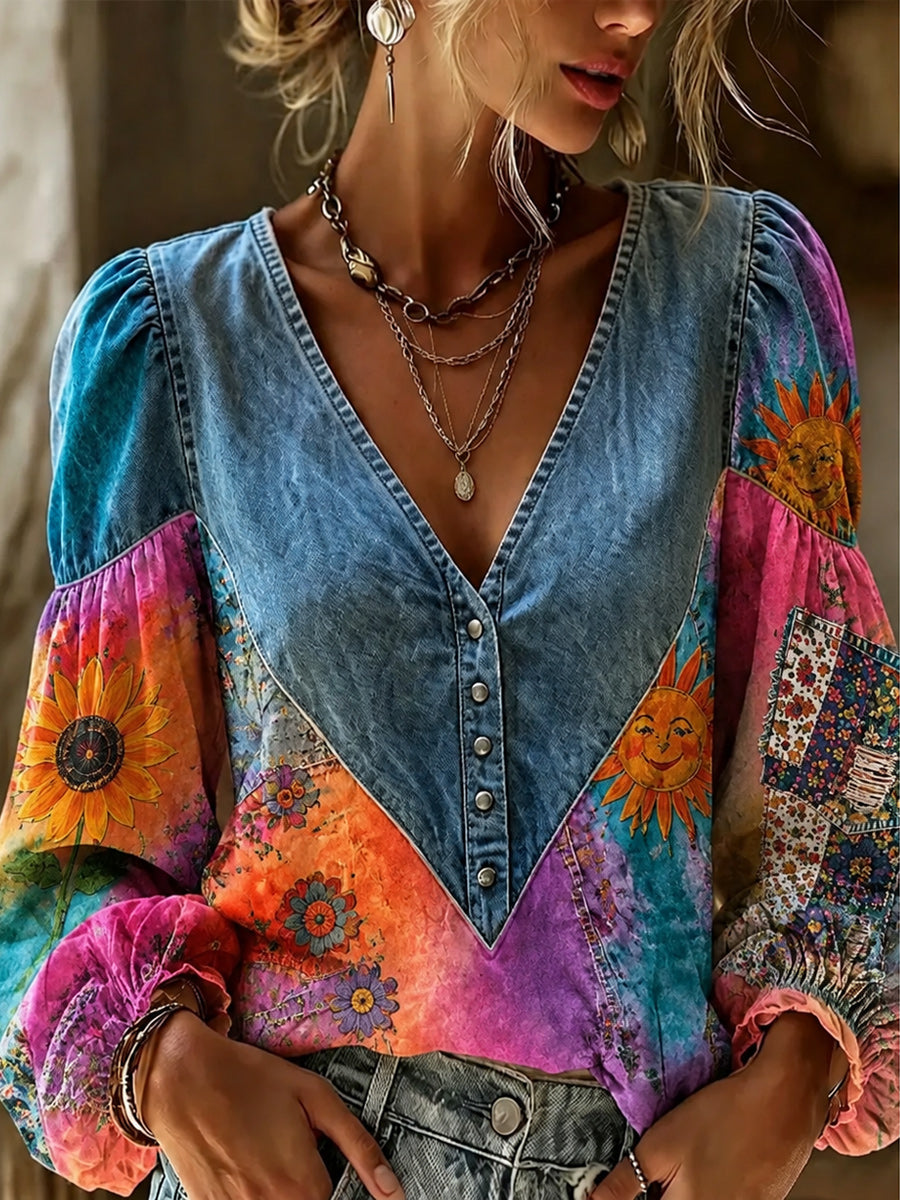 Retro Style Denim Patchwork Art Printed Vintage V-Neck Casual Long Sleeve Shirt